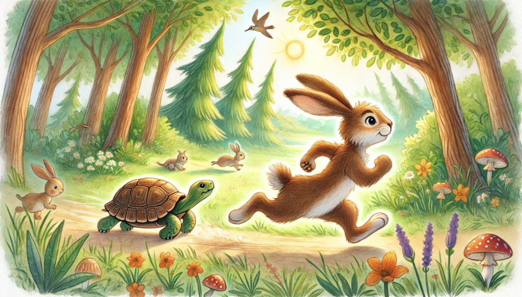 fast hare running ahead while slow tortoise walks behind