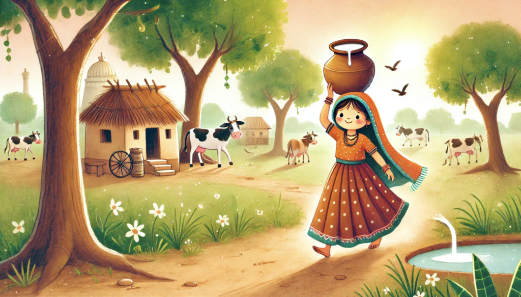 milkmaid carrying pail of milk walking to village market story illustration