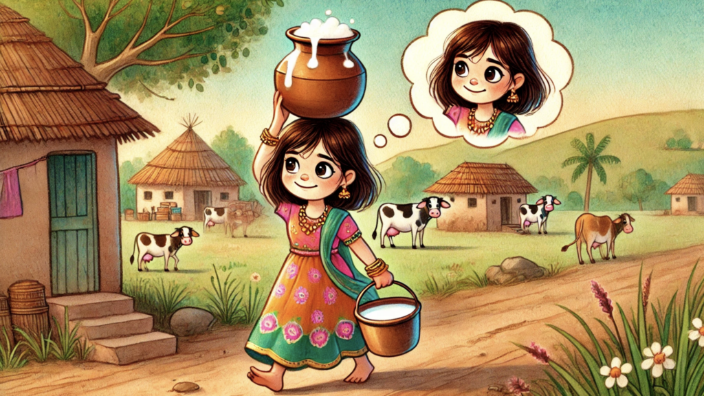 milkmaid dreaming about buying new dress and bangles illustration