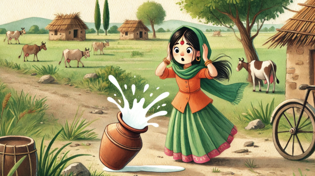 milkmaid dropping milk pail and milk spilling on road illustration
