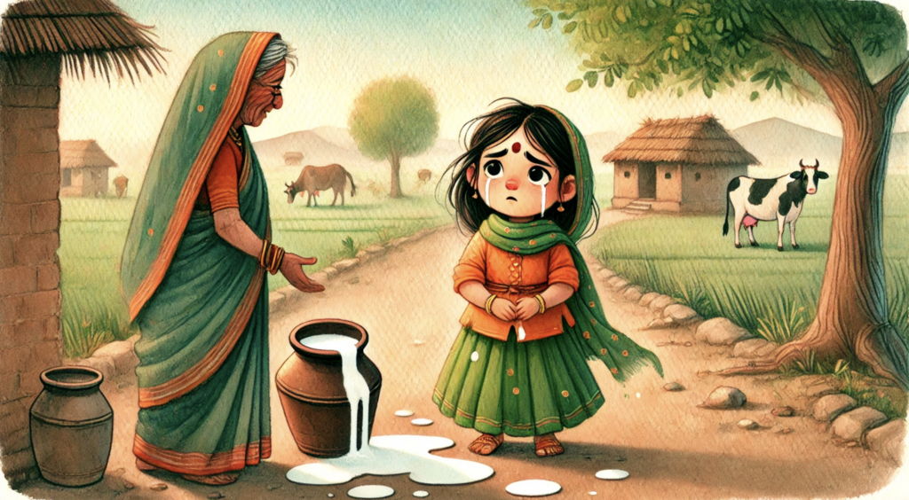 milkmaid learning lesson after spilling milk moral story illustration