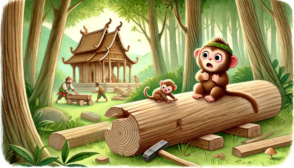 monkey pulling wedge from log illustration