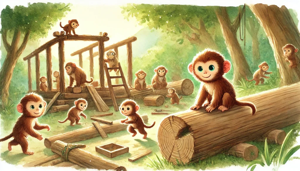 curious monkeys exploring carpenter tools illustration
