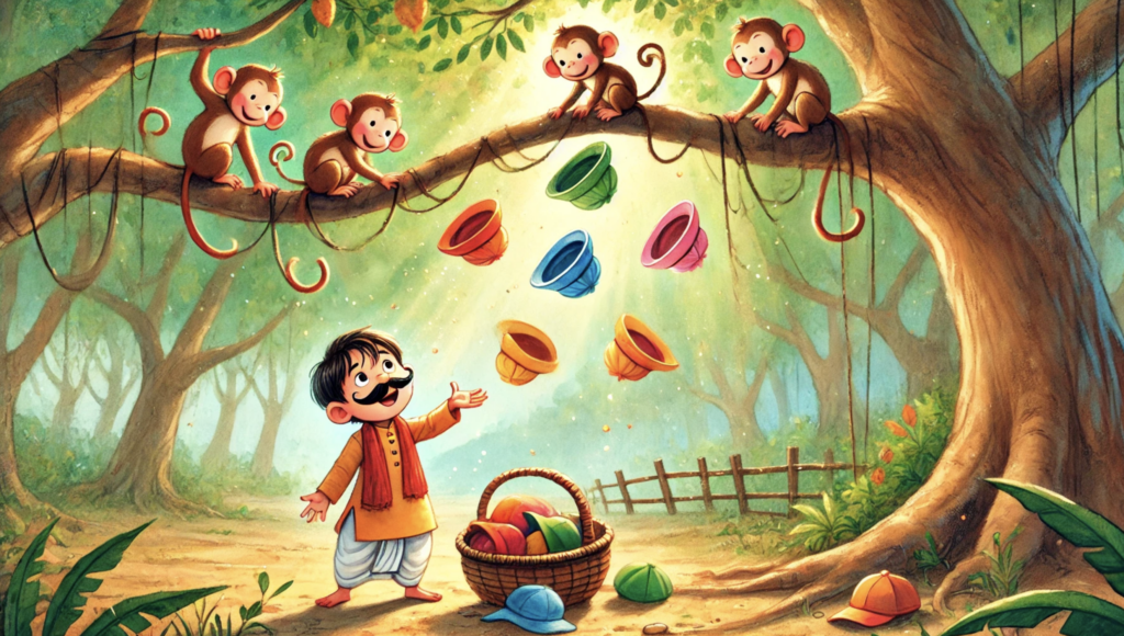 monkeys throwing caps from tree while cap seller collects them illustration