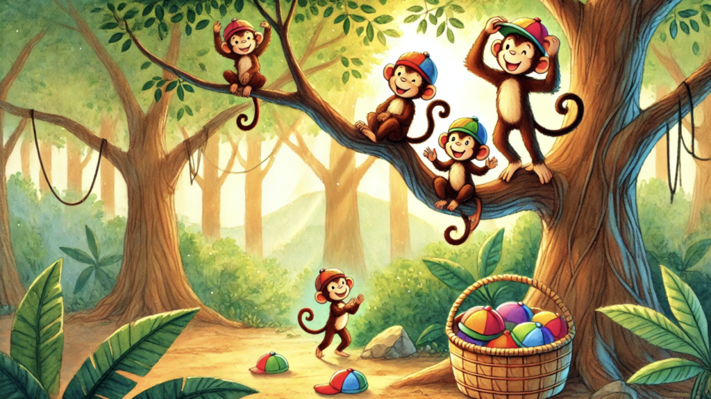 monkeys wearing colorful caps on tree branches illustration