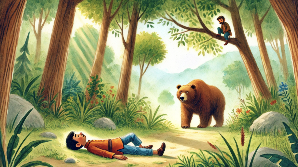 boy climbing tree while friend faces bear illustration