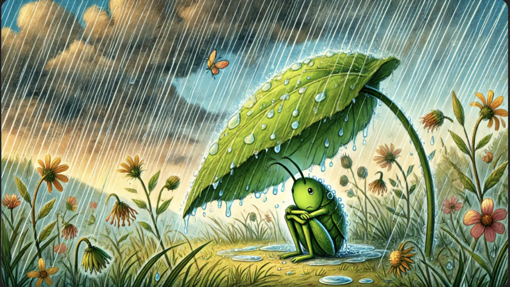 The little ant and the grasshopper story grasshopper in rain