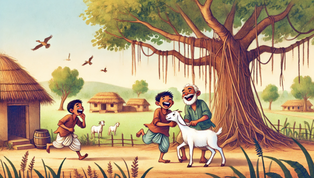tricksters stealing goat after fooling brahmin illustration