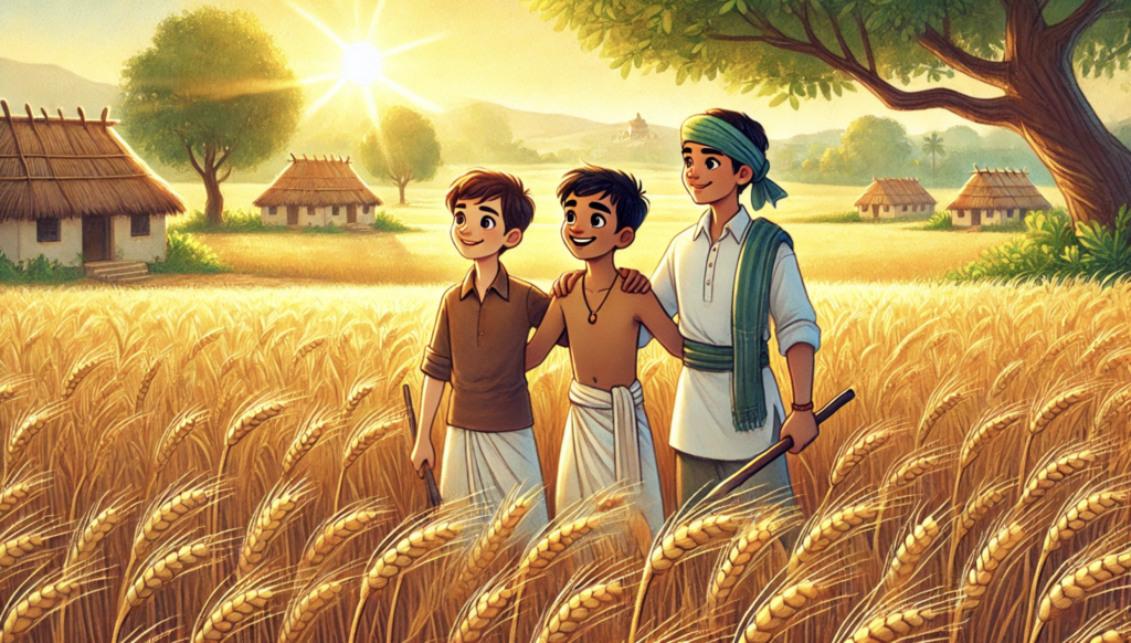 brothers celebrating successful harvest in farm illustration