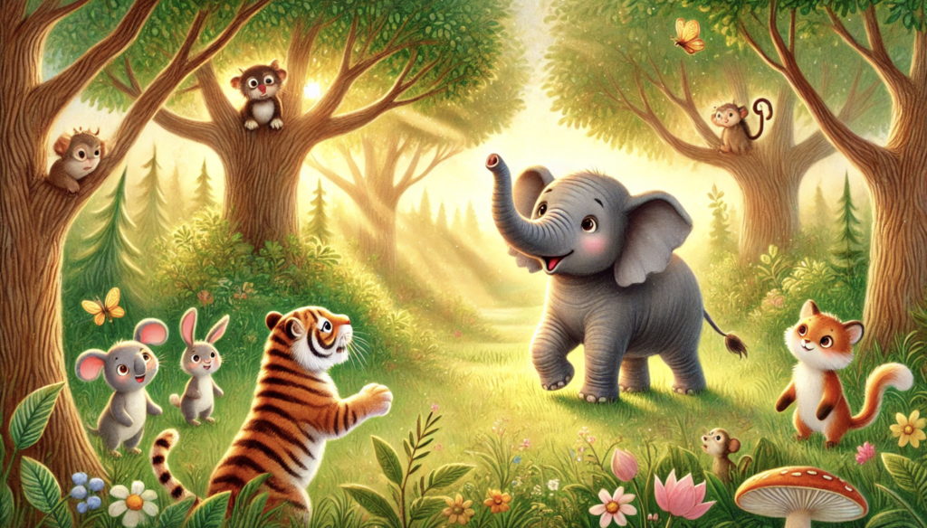 elephant protecting animals from tiger illustration