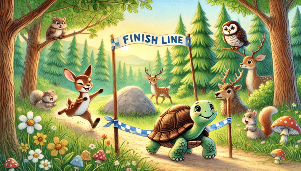 tortoise close to finish line while animals cheer