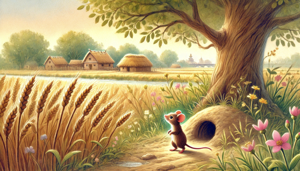 country mouse living in wheat field countryside story illustration