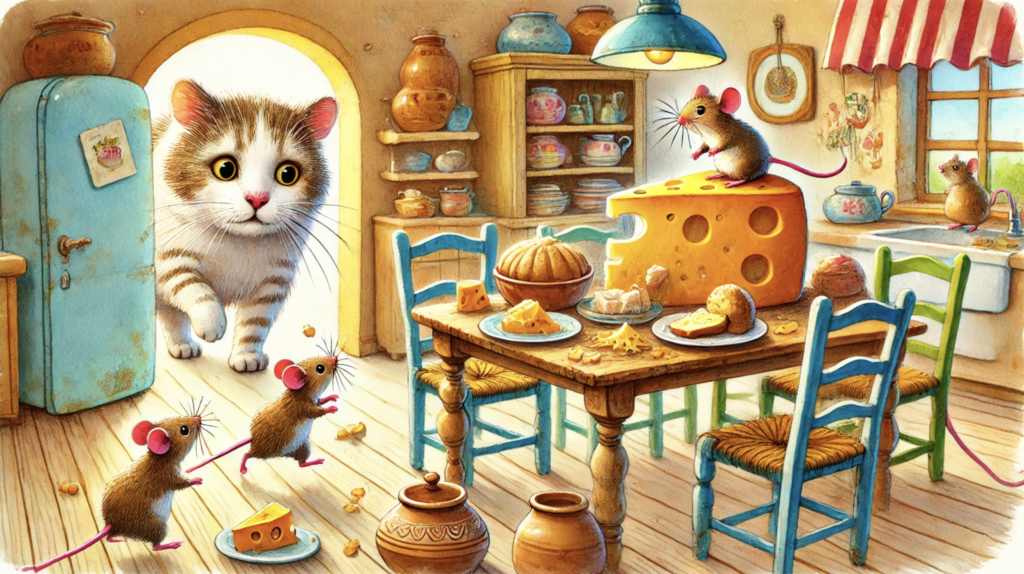 cat chasing town mouse and country mouse in kitchen illustration