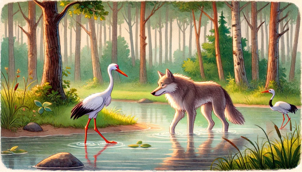 Wolf Asking Crane for Help