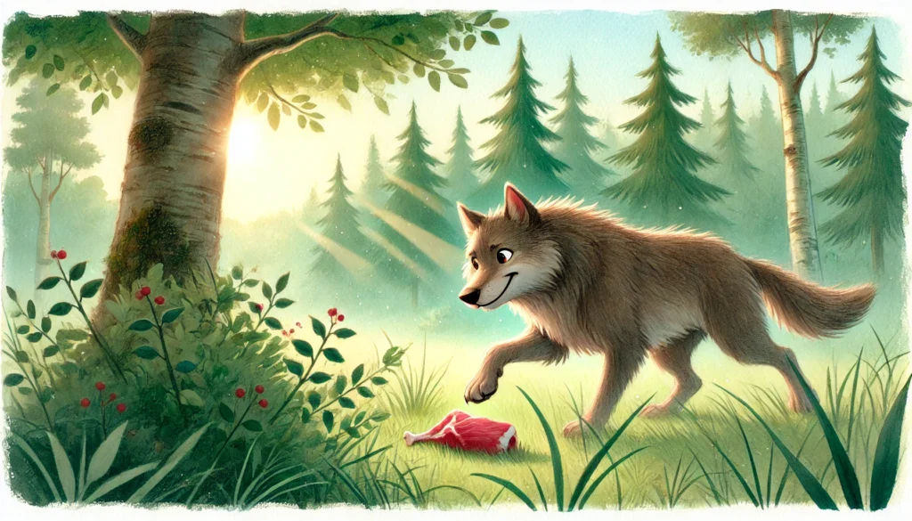 hungry wolf finding meat in forest illustration