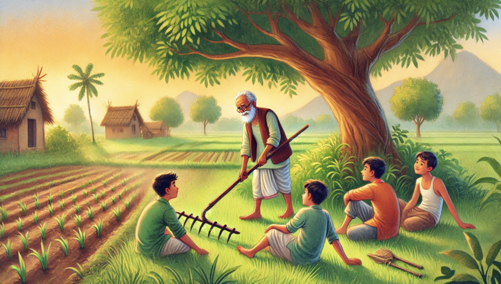 farmer working hard in field while lazy sons rest under tree illustration