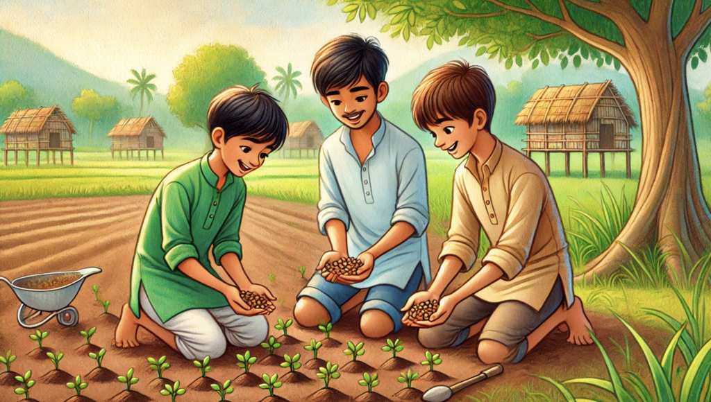 healthy crops growing in farm field after digging soil illustration