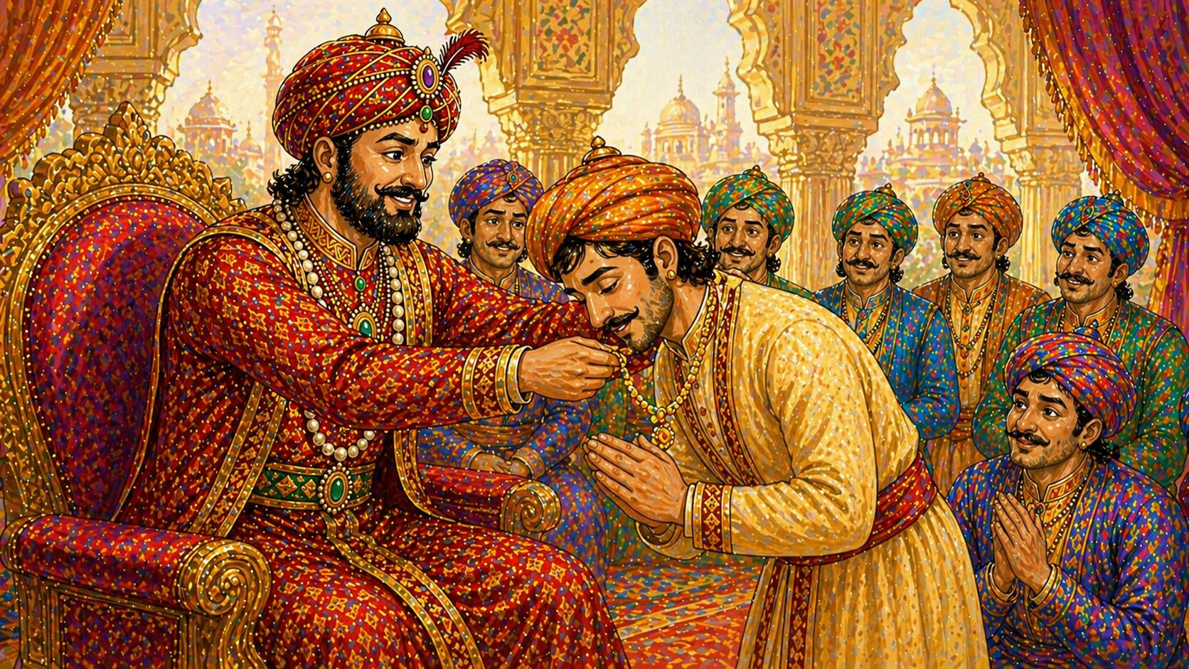 Emperor Akbar smiling and praising Birbal for his clever answer illustration