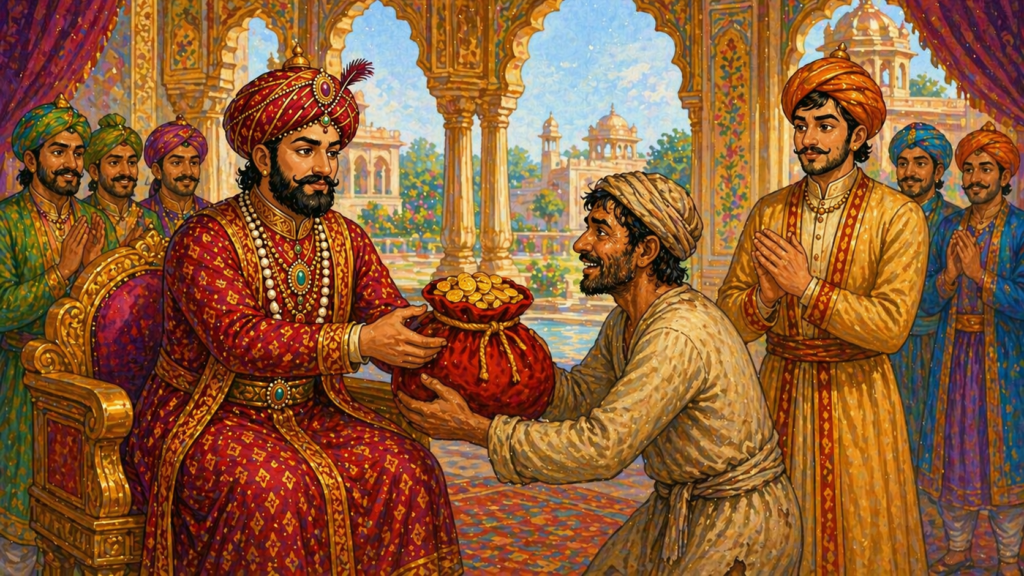 Emperor Akbar realizing mistake and rewarding poor man Birbal smiling in royal court illustration