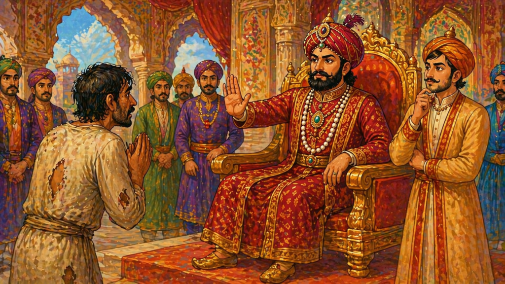 Emperor Akbar refusing reward to poor man in court Birbal watching silently illustration