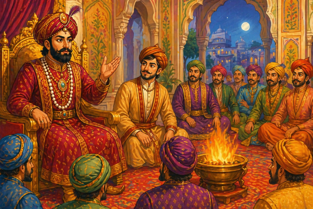 Emperor Akbar asking a challenge in royal court with Birbal standing beside him illustration