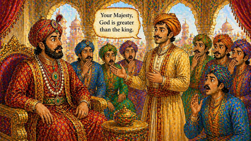 Birbal thinking deeply with calm smile preparing clever answer Akbar Birbal story illustration