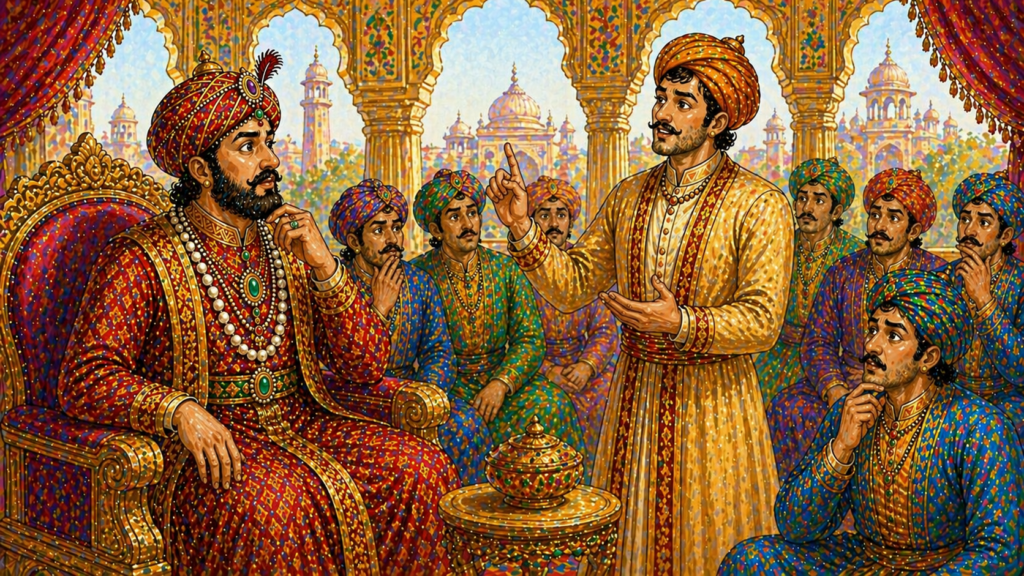 Birbal giving clever answer in Akbar’s court surprising everyone illustration