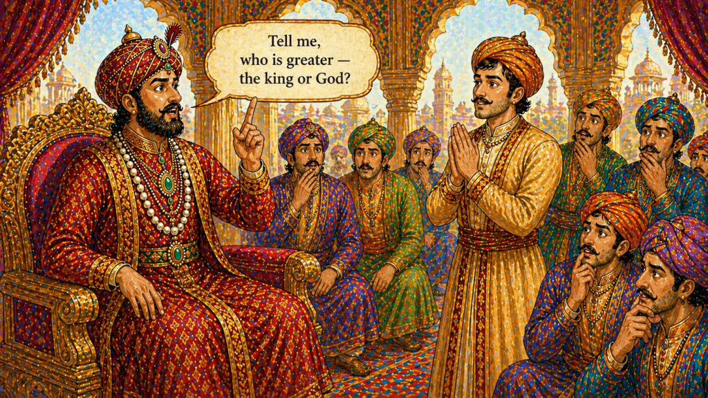 Akbar asking tricky question to Birbal in court ministers watching carefully illustration