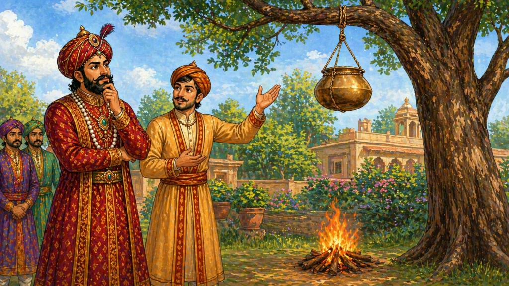 Birbal cooking khichdi with pot hanging far above fire demonstration Akbar Birbal story illustration