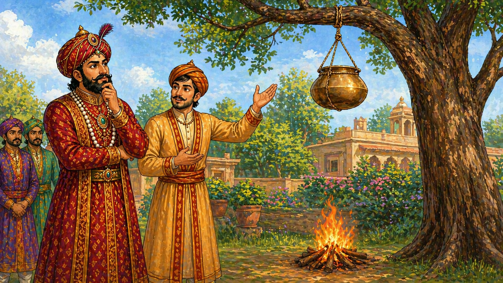 Birbal cooking khichdi with pot hanging far above fire demonstration Akbar Birbal story illustration