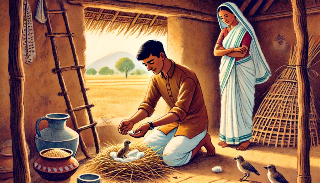 farmer caring for bird at home illustration