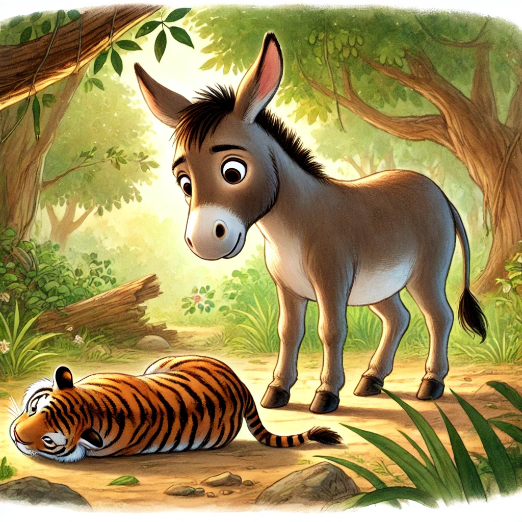 Donkey finding tiger skin in forest