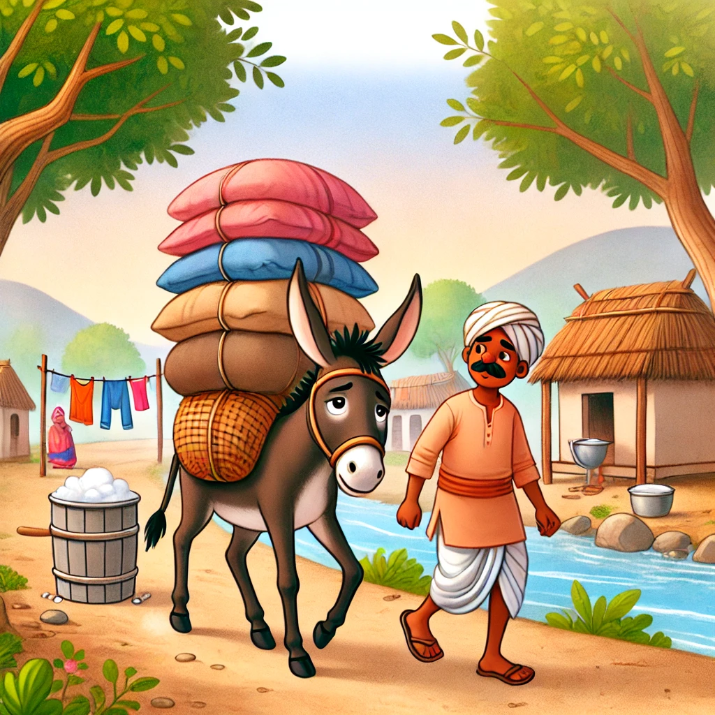 Donkey working hard with washerman
