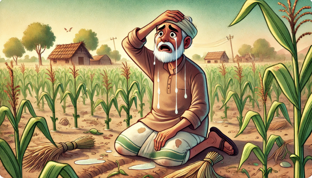 farmer sad in ruined field