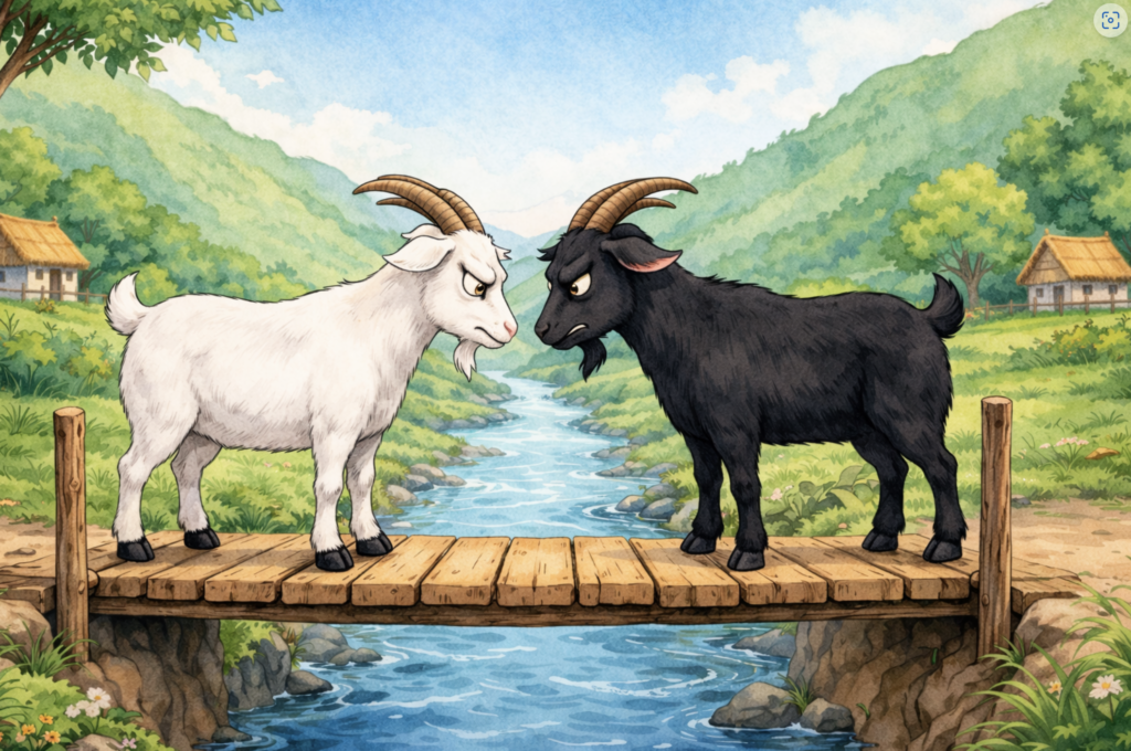 Goats arguing on bridge
