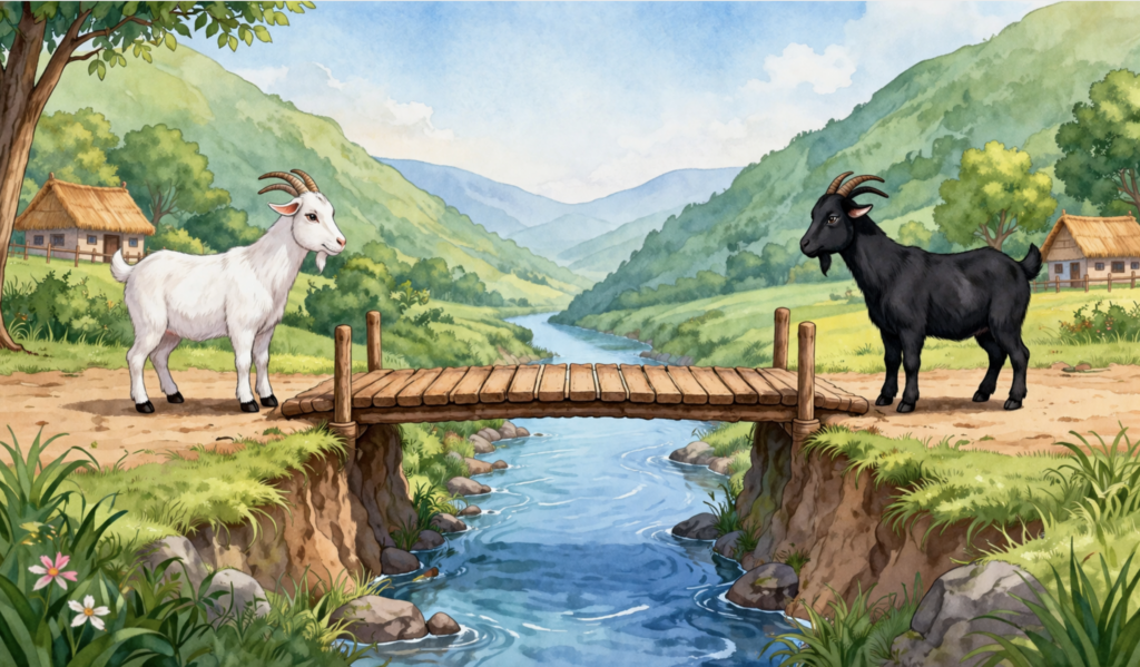 Goats near narrow bridge