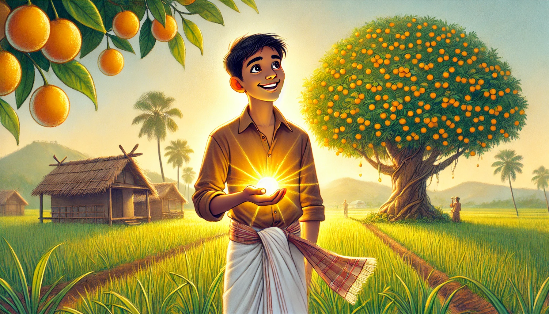 golden fruit tree farmer reward story illustration