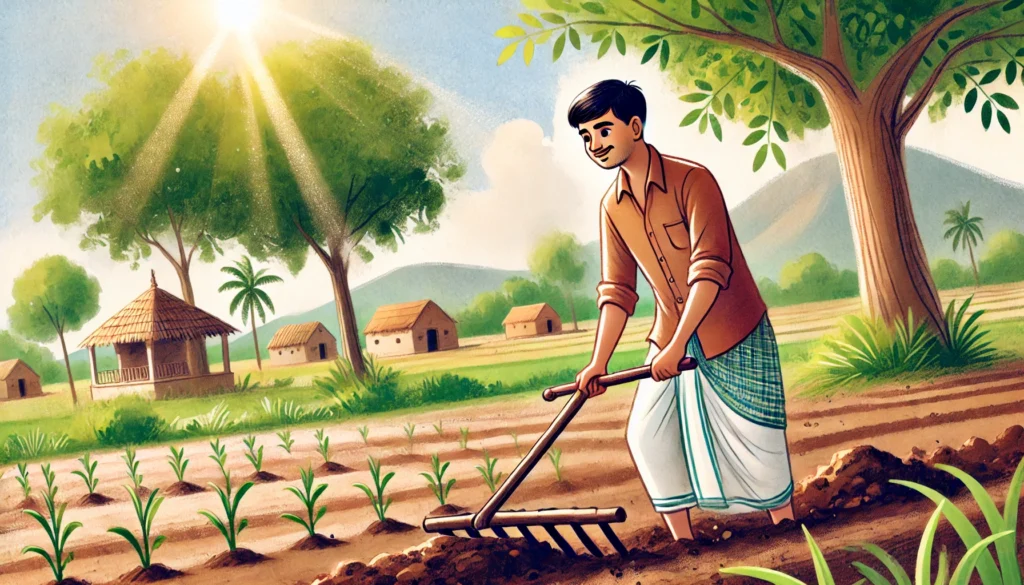 kind farmer story in English village scene illustration