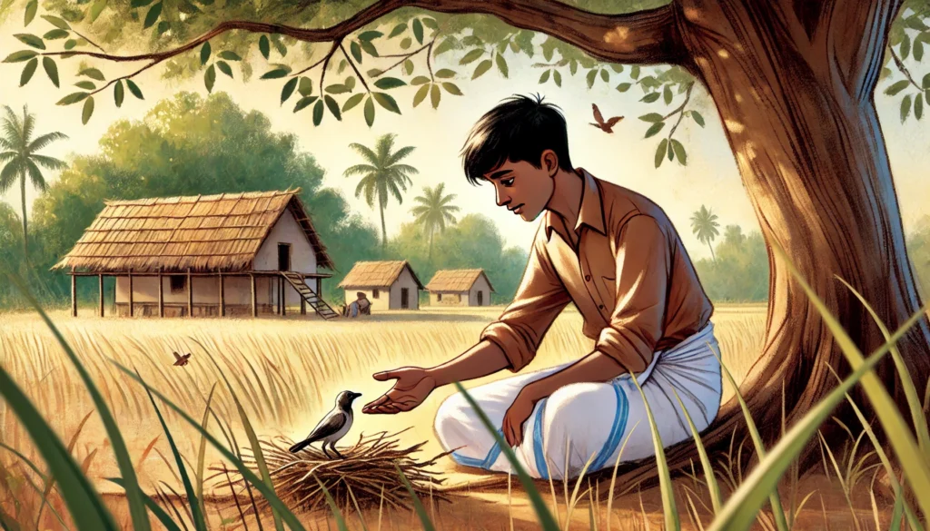 farmer helping injured bird story illustration