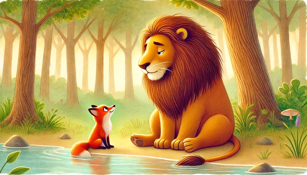 Lion feeling ashamed after mistake with fox
