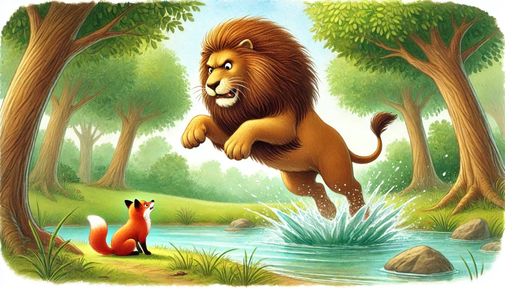 Lion jumping into pond in anger