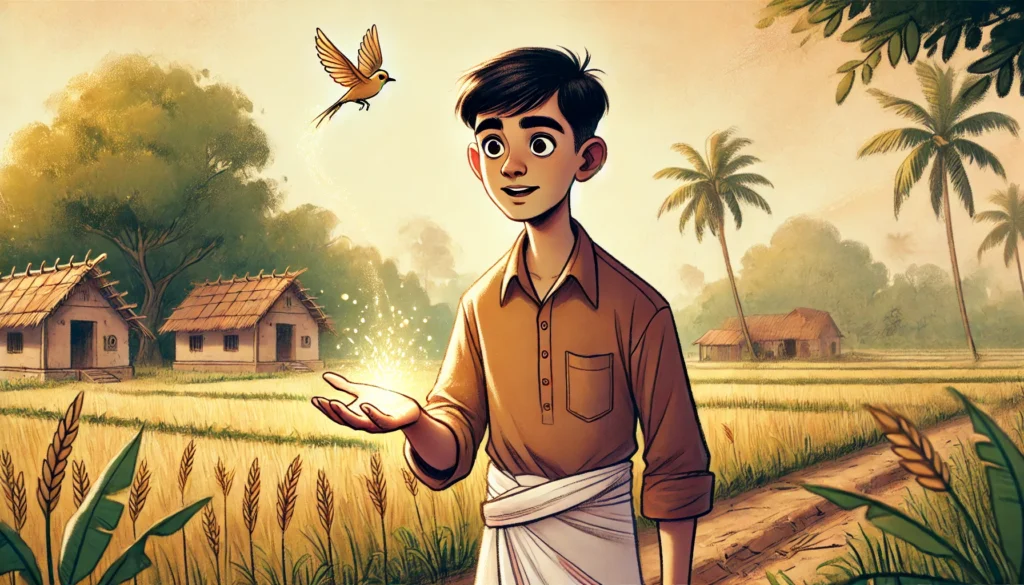 bird giving magical seed to farmer illustration