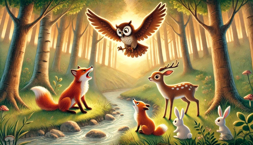 owl stopping fox and deer fight