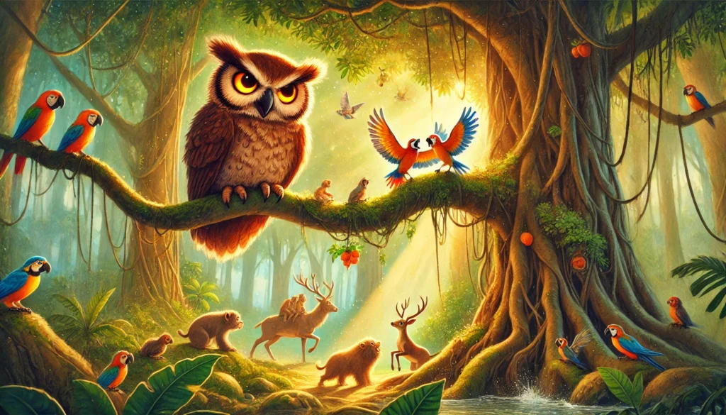 wise owl sitting on banyan tree