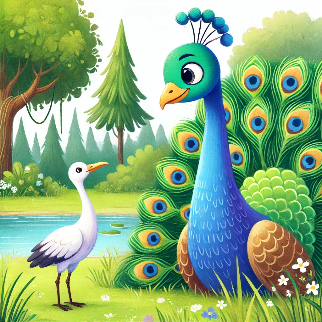 Peacock mocking crane story scene