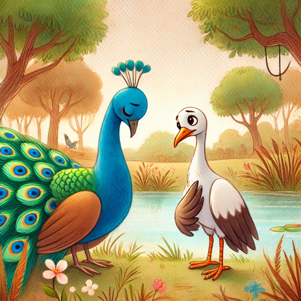 Peacock apologizing to crane