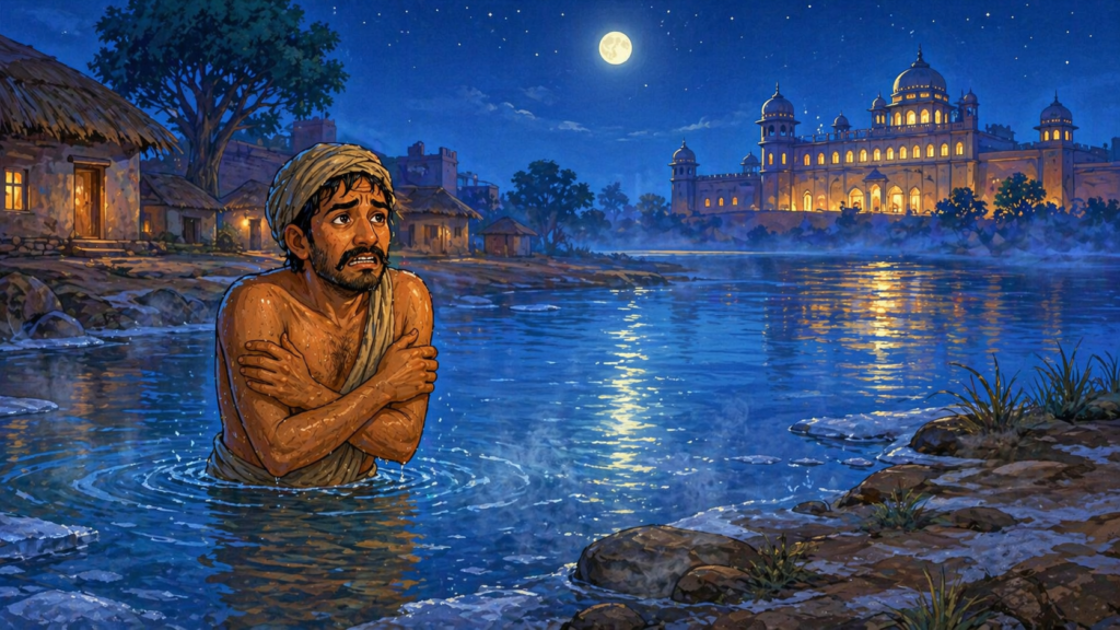 Poor man standing in cold pond at night looking at distant palace lamp Akbar Birbal story illustration