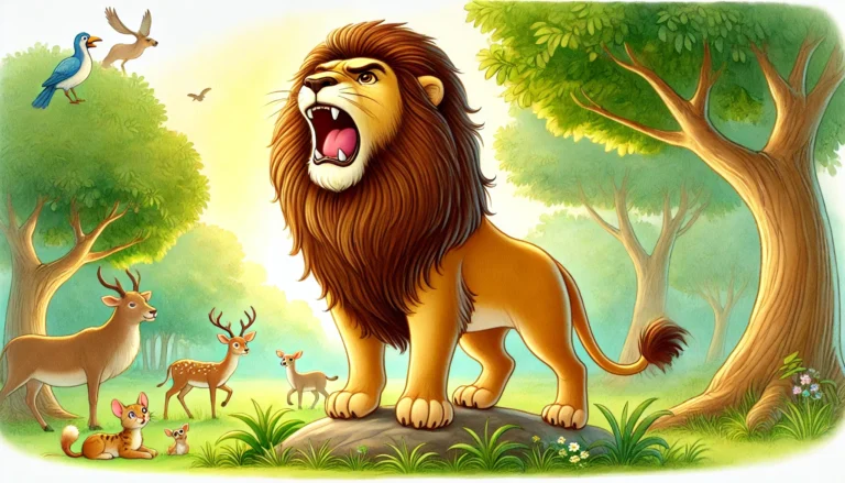 Proud lion walking in forest scaring animals