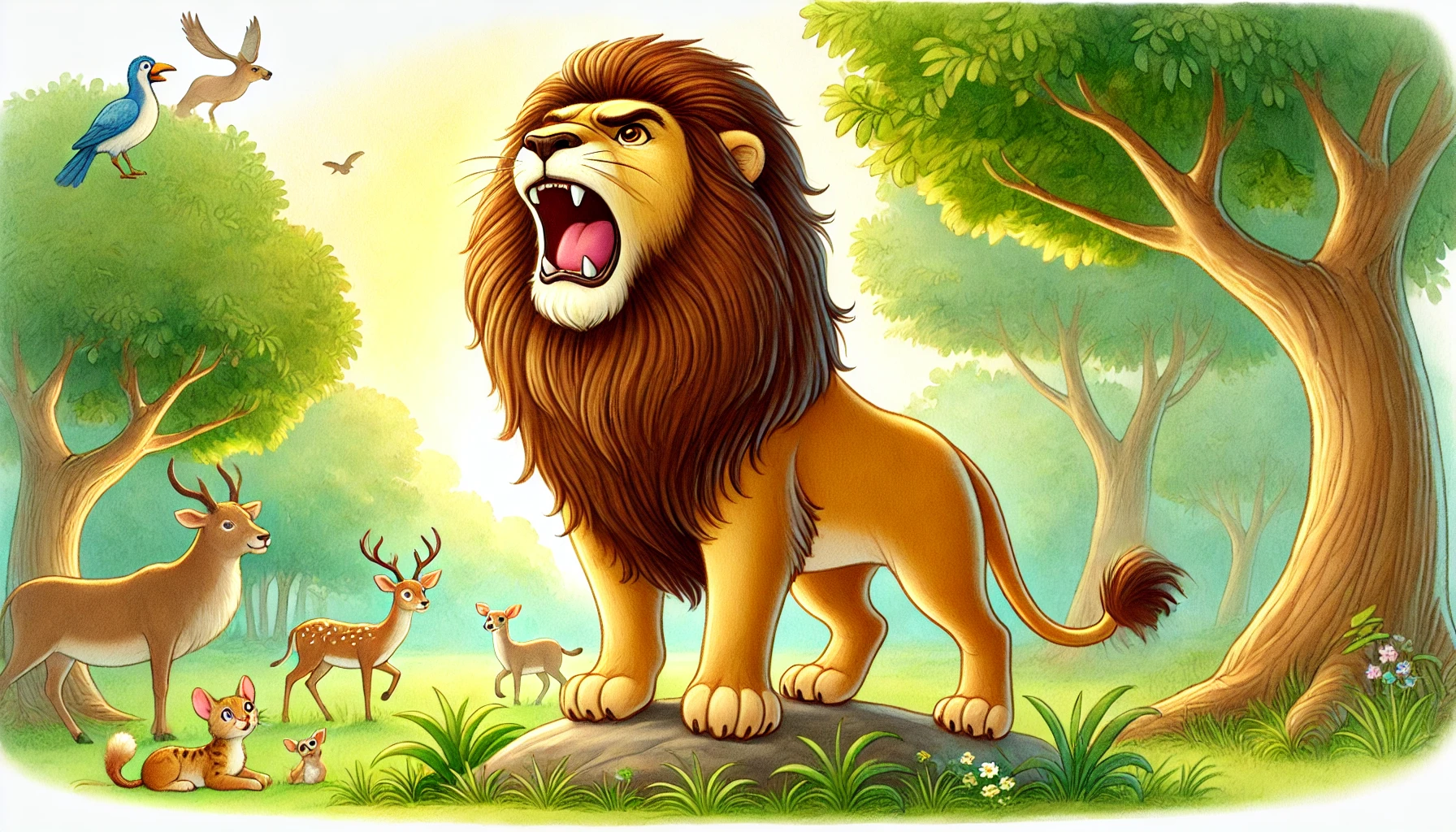Proud lion walking in forest scaring animals