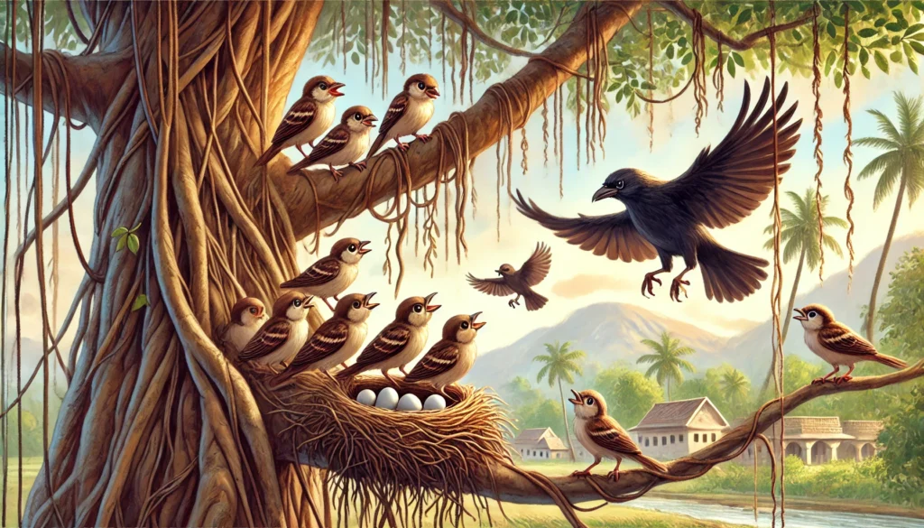 Sparrows chasing crow